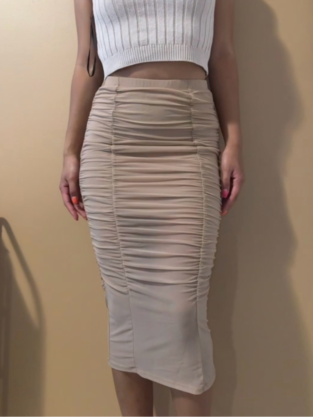 Tan Ruched Bodycon Midi Skirt